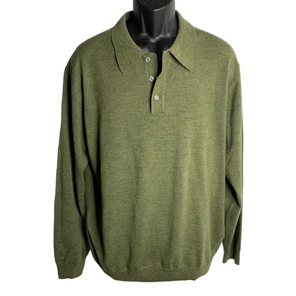 Jos A Bank Merino Wool Polo Sweater XL Green Knit Collar Buttons Long Sleeves - Picture 1 of 7